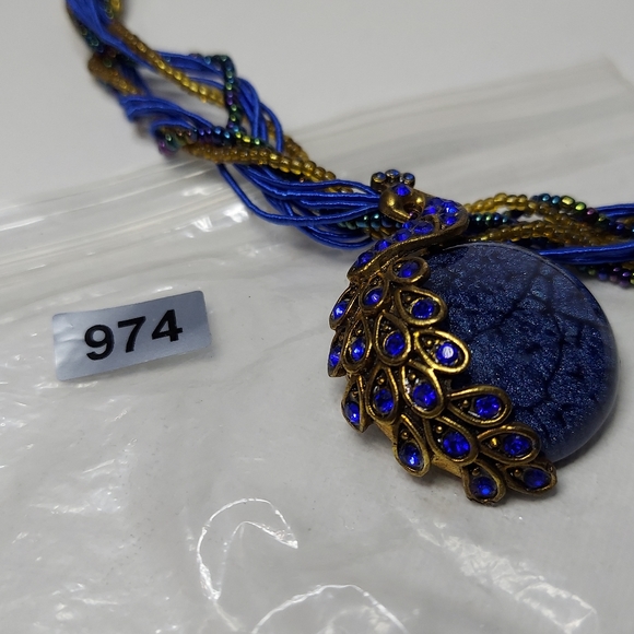Blue Peacock Pendant on braided beads 18 in - Picture 7 of 7